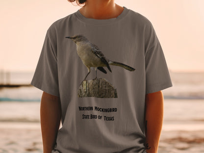 T-shirt with Northern Mockingbird and State Bird of Texas text.