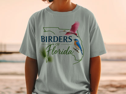 T-shirt graphic: "Birders of Florida" text, Florida outline, pink bird, and bluebird.