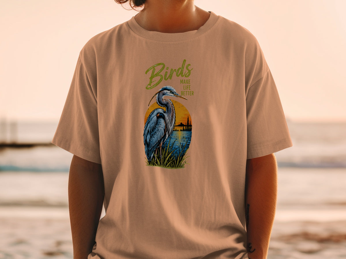 Great blue heron with "Birds Make Life Better" text on a tan t-shirt.