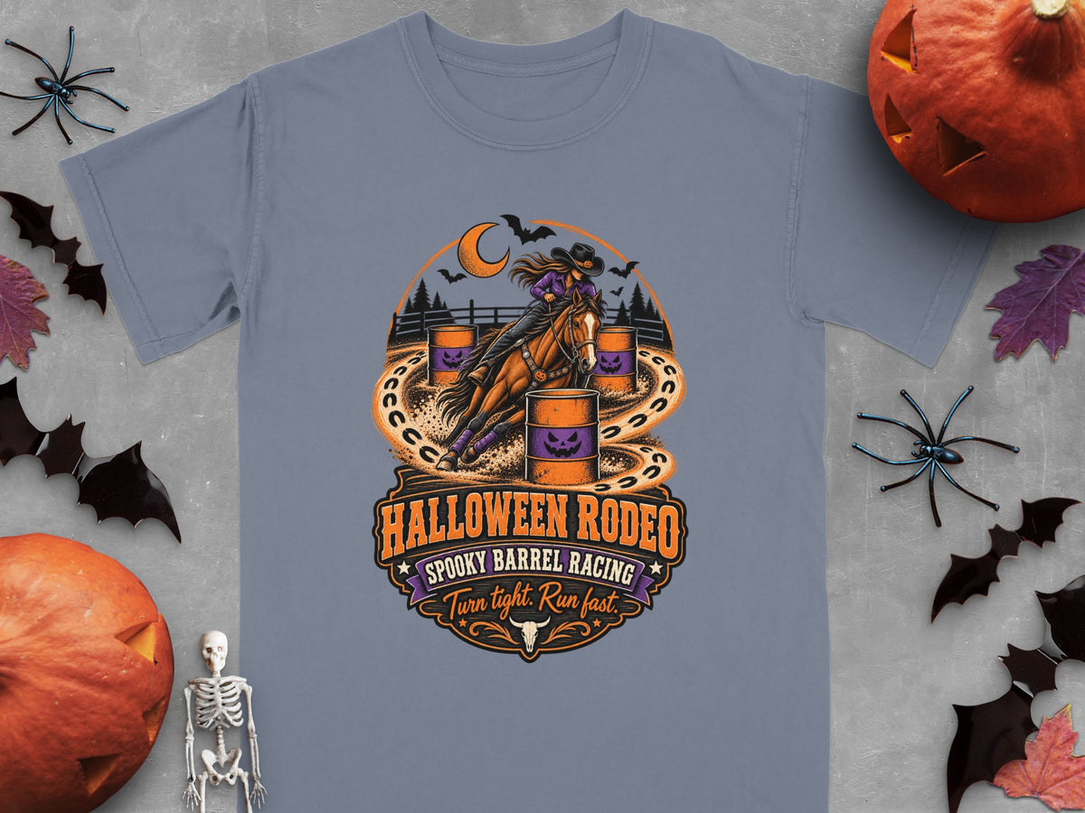 Halloween Rodeo Spooky Barrel Racing design with a cowgirl on a horse and orange barrels.