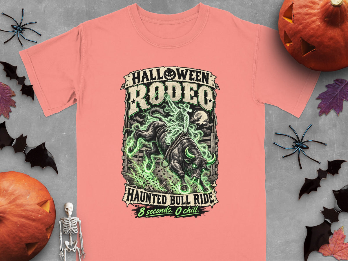 Pink t-shirt with "Halloween Rodeo Haunted Bull Ride" graphic and text.