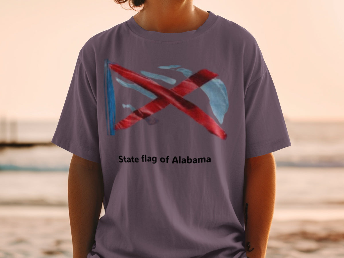 T-shirt with abstract design and "State flag of Alabama" text.