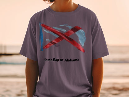 T-shirt with abstract design and "State flag of Alabama" text.
