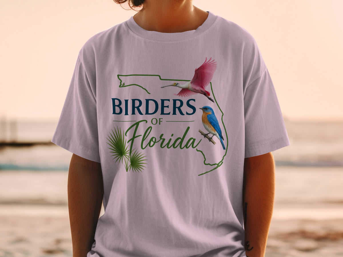 T-shirt with outline of Florida, text "Birders of Florida" and two birds.