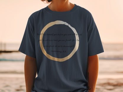 Navy t-shirt with Deuteronomy 31:8 verse and circular design.