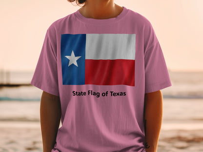 Pink t-shirt with the State Flag of Texas graphic and text.