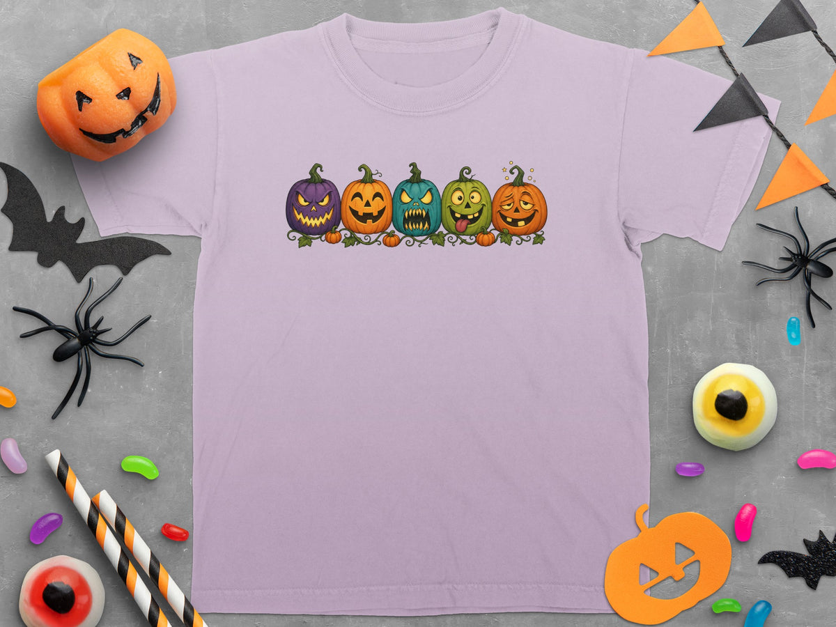 Purple t-shirt with five cartoon jack-o'-lanterns with Halloween decorations.