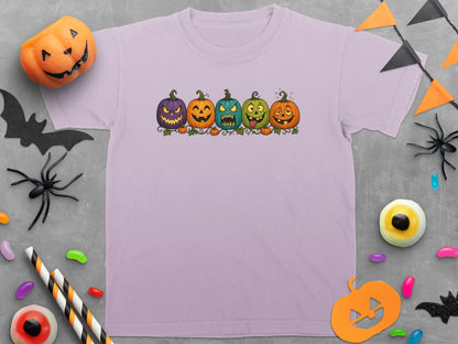 Purple t-shirt with five cartoon jack-o'-lanterns with Halloween decorations.