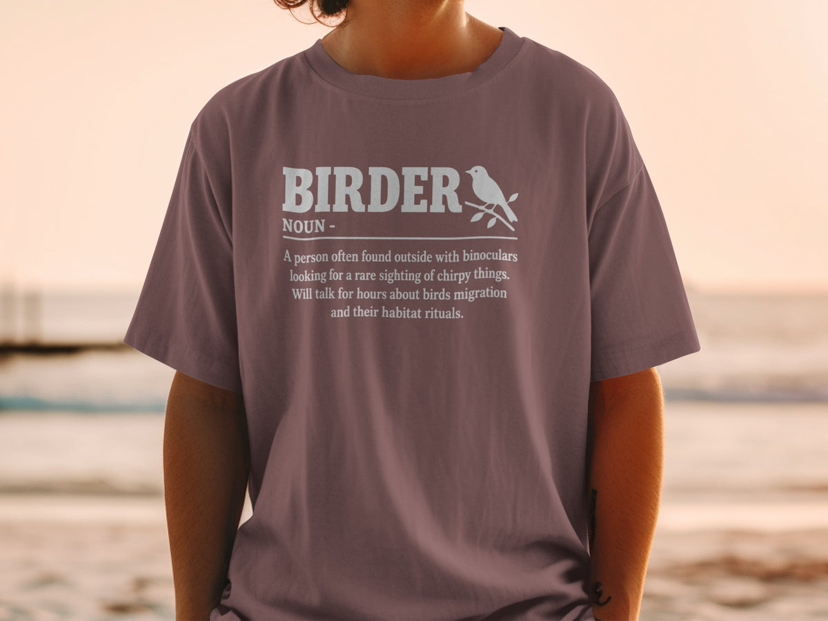 T-shirt with "Birder Noun" definition and bird silhouette illustration.