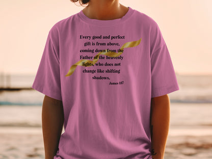 Pink t-shirt with James 1:17 scripture and a golden ribbon graphic.