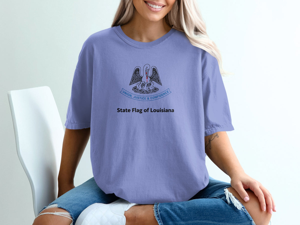 T-shirt with Louisiana state flag featuring pelican and motto.