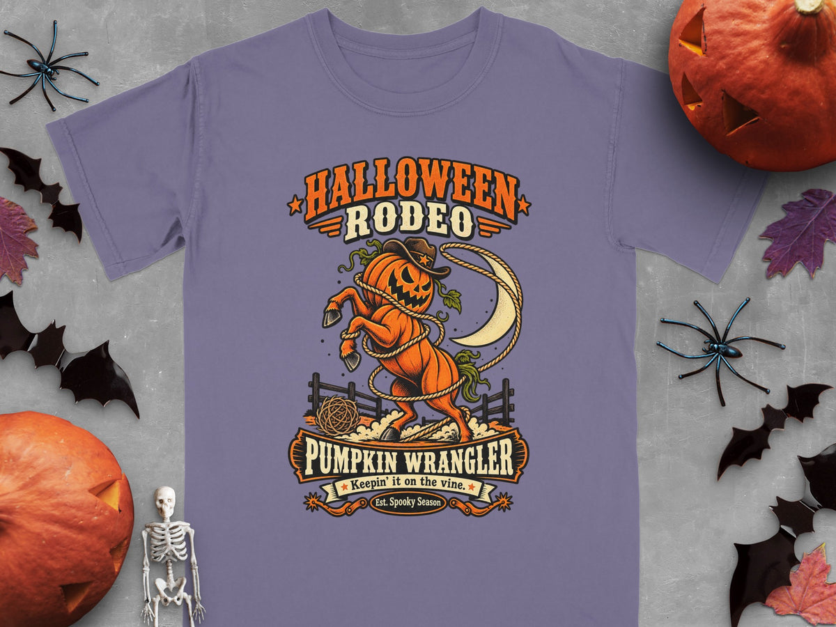 Purple t-shirt with Halloween Rodeo Pumpkin Wrangler graphic and text.