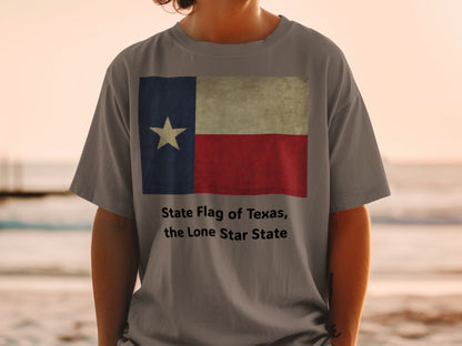 Gray t-shirt with the Texas flag and text: State Flag of Texas, the Lone Star State.