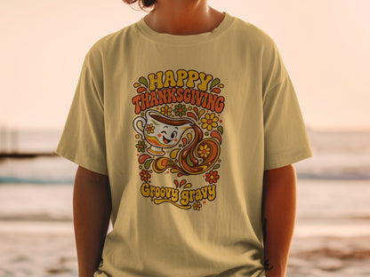 Happy Thanksgiving Groovy Gravy t-shirt with retro gravy boat graphic.
