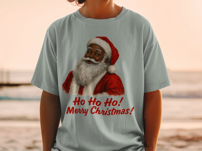 T-shirt with black Santa Claus graphic and red text "Ho Ho Ho! Merry Christmas!"