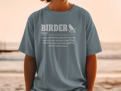 Gray t-shirt with white text defining "Birder" and a small bird illustration.
