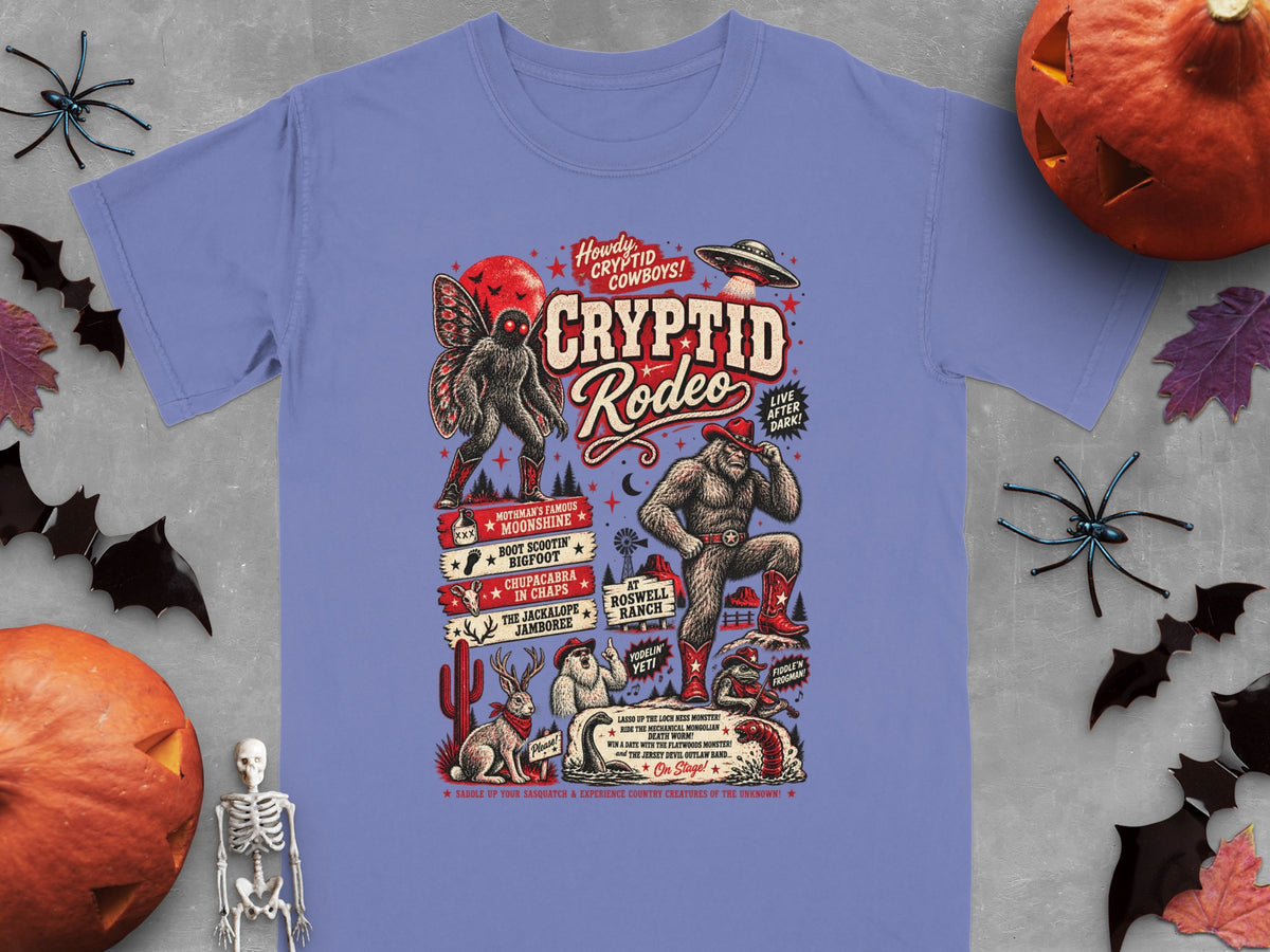 Cryptid Rodeo graphic with Bigfoot, mothman, jackalope, and UFO.