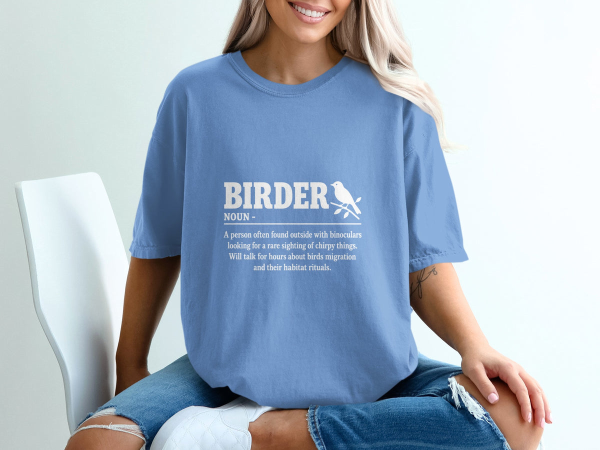 Light blue t-shirt with "BIRDER" definition and bird graphic printed in white.