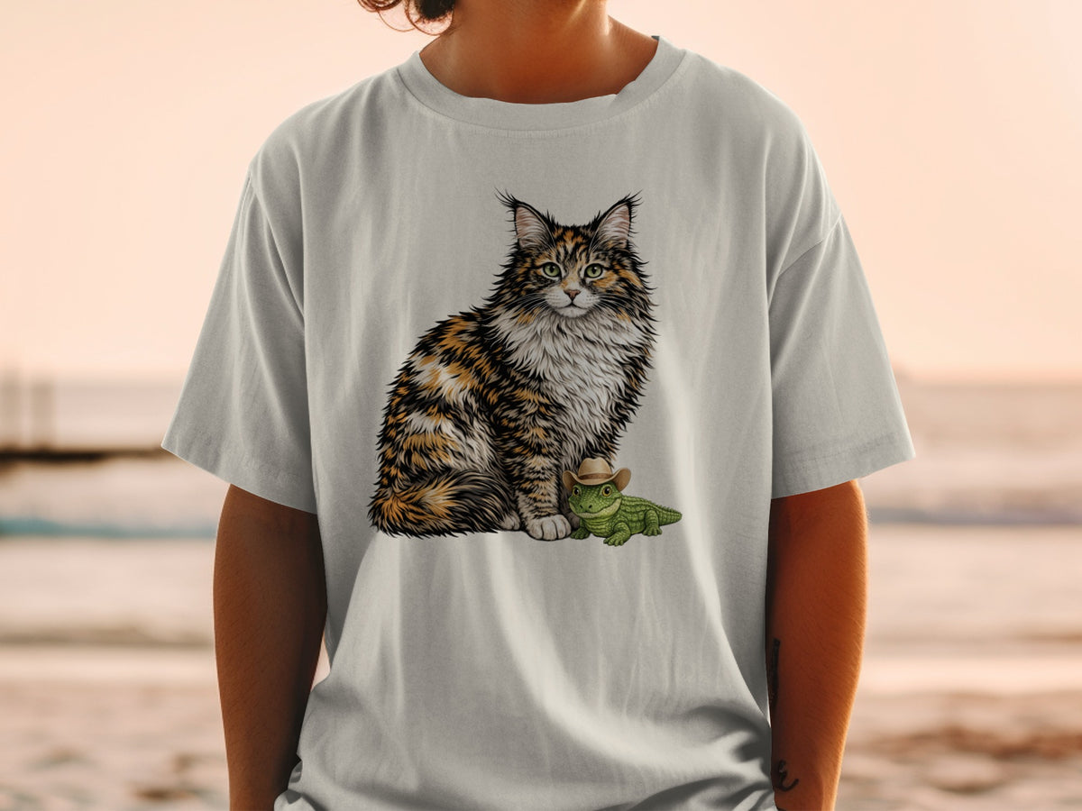 A person wearing a light gray t-shirt printed with a fluffy calico cat sitting beside a small alligator wearing a cowboy hat.