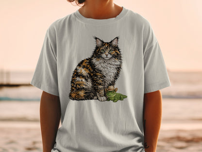 A person wearing a light gray t-shirt printed with a fluffy calico cat sitting beside a small alligator wearing a cowboy hat.