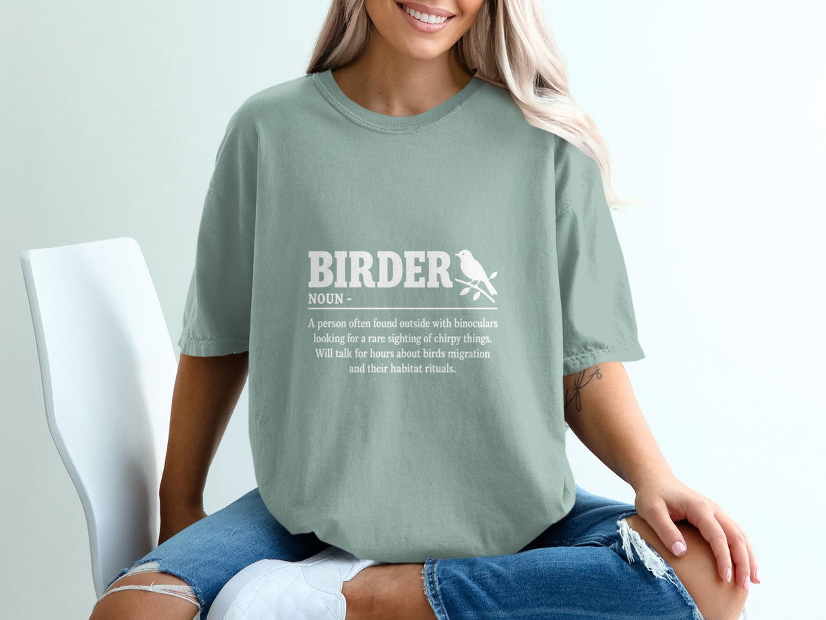 "Birder" noun definition t-shirt with a bird and branch graphic.