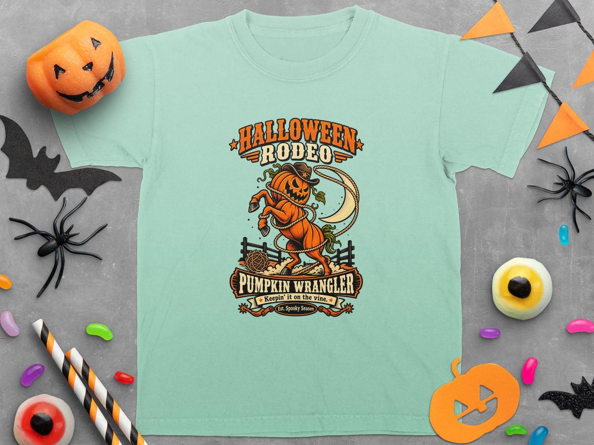 Light blue t-shirt with Halloween Rodeo pumpkin wrangler design.