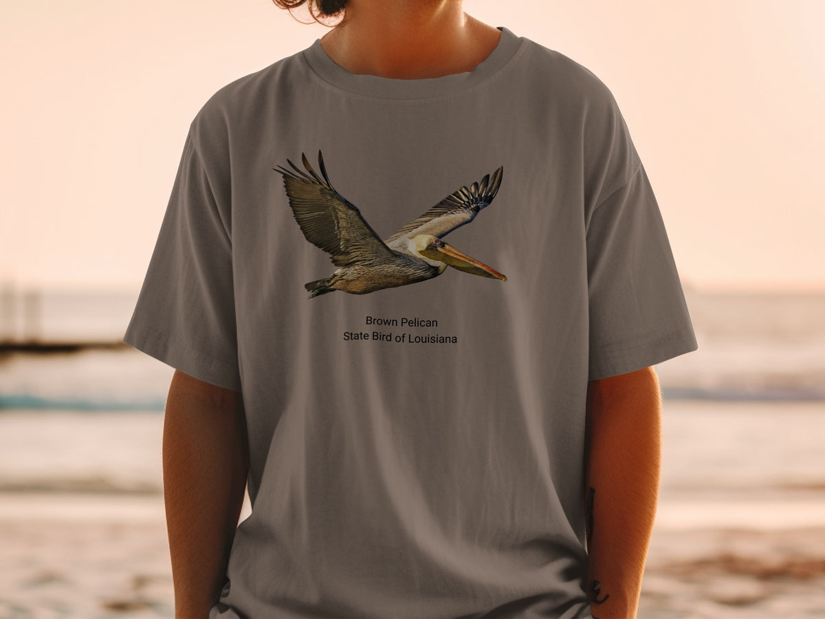 Brown Pelican, State Bird of Louisiana graphic on a gray t-shirt.