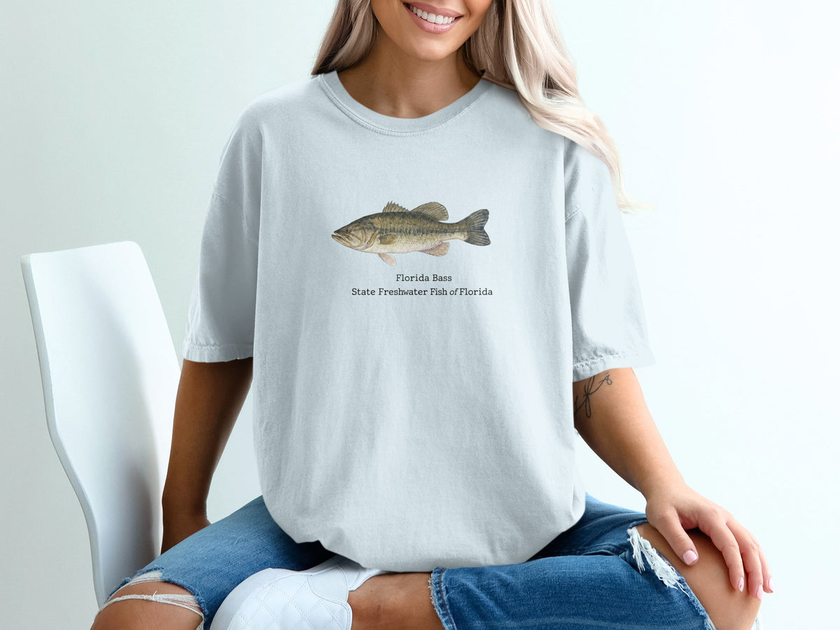 Light blue t-shirt with illustration of a Florida Bass and text.