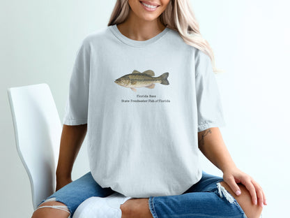 Light blue t-shirt with illustration of a Florida Bass and text.