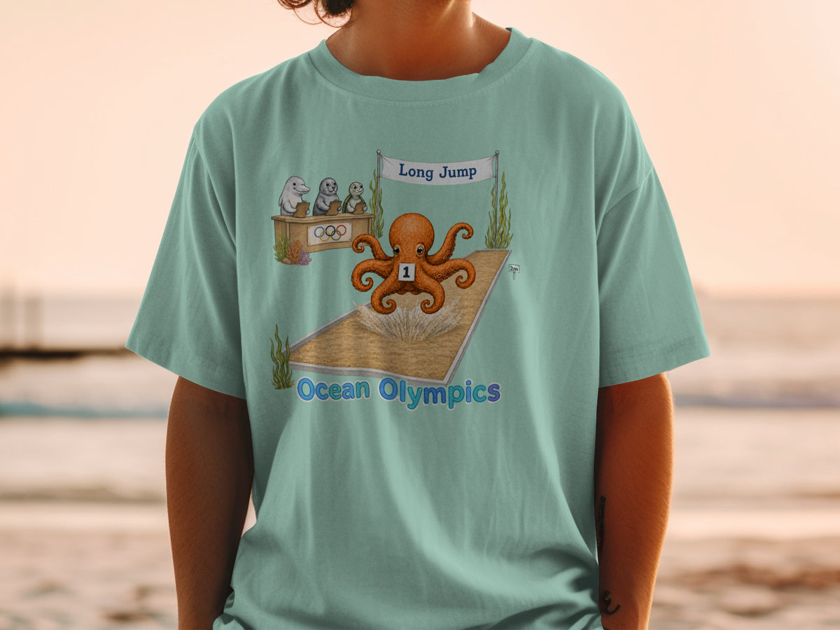 Octopus in a long jump event with dolphins and seals judging.