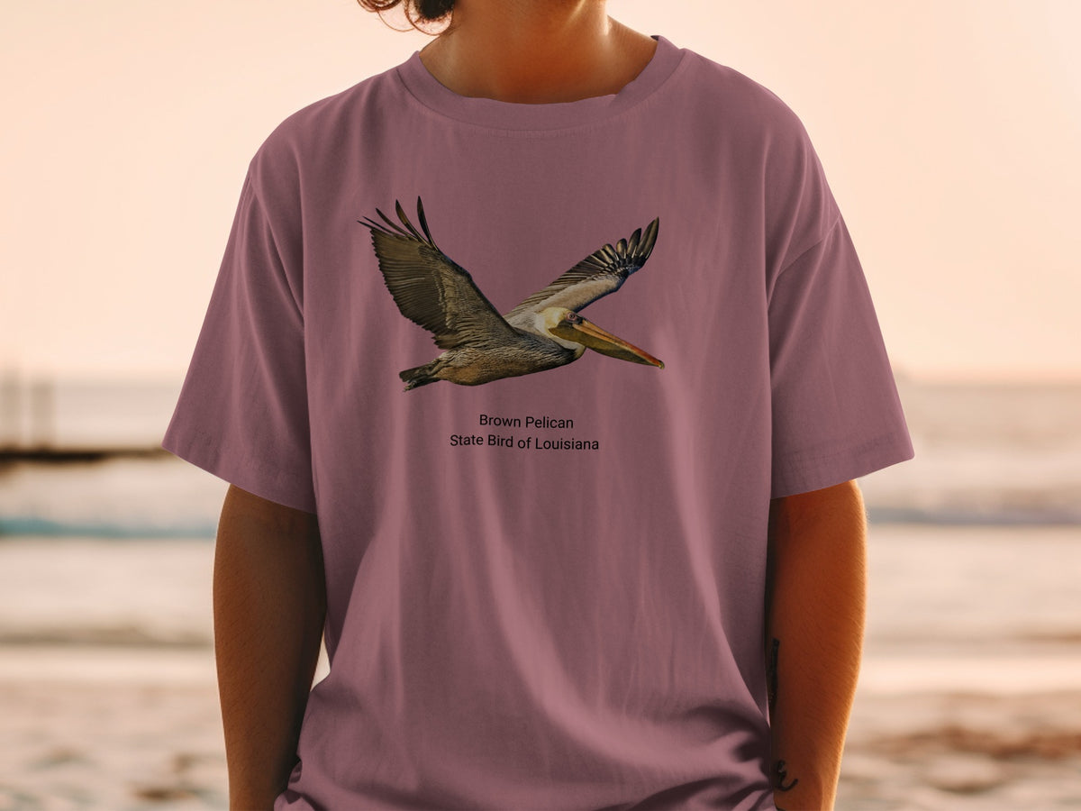 Brown pelican flying, text "Brown Pelican State Bird of Louisiana".