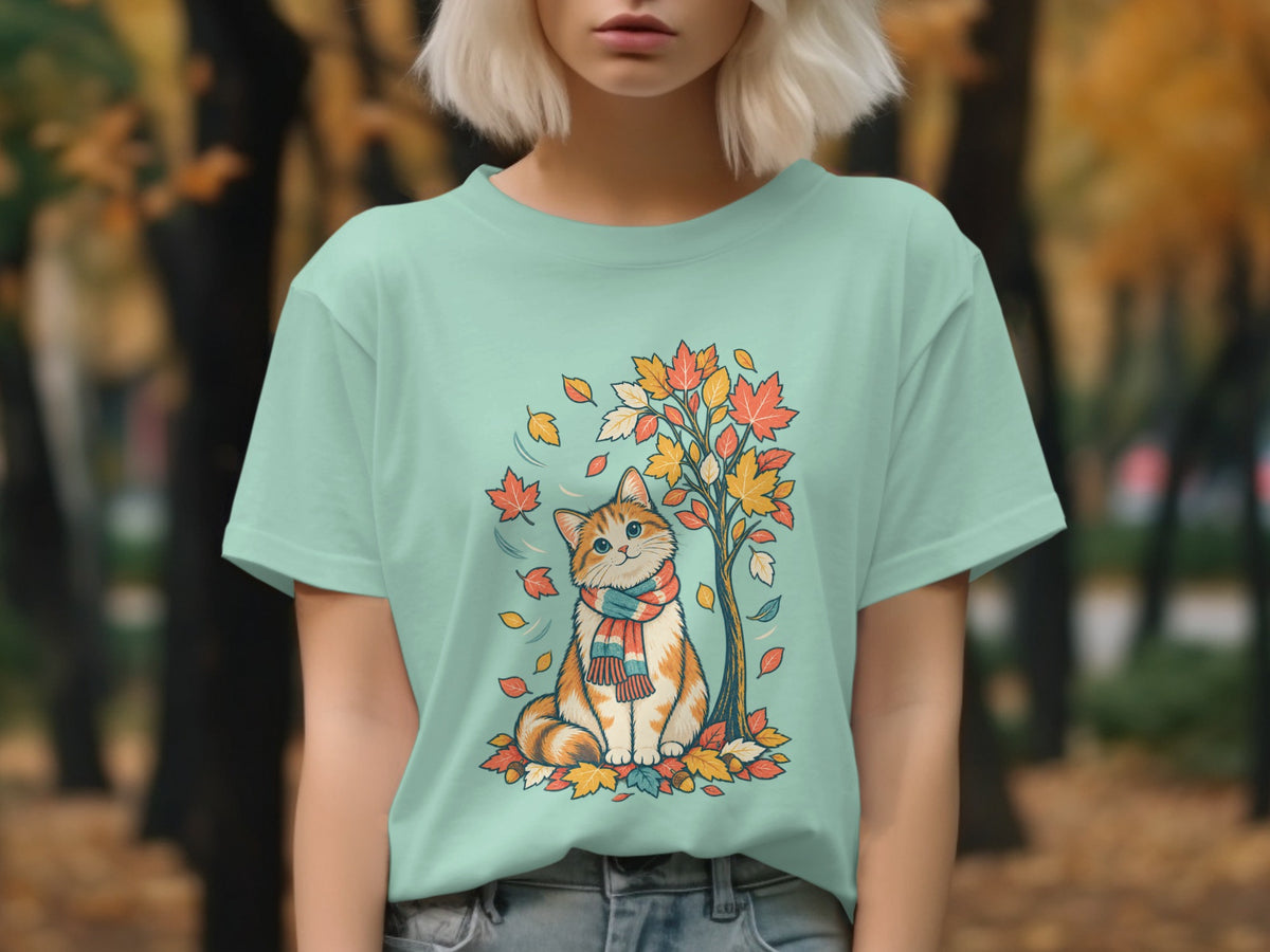 Illustration of a tabby cat wearing a scarf sitting in autumn leaves.