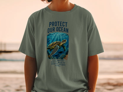 T-shirt graphic with sea turtle, "Protect Our Ocean," and "Clean Waters, Healthy Wildlife, Brighter Futures."