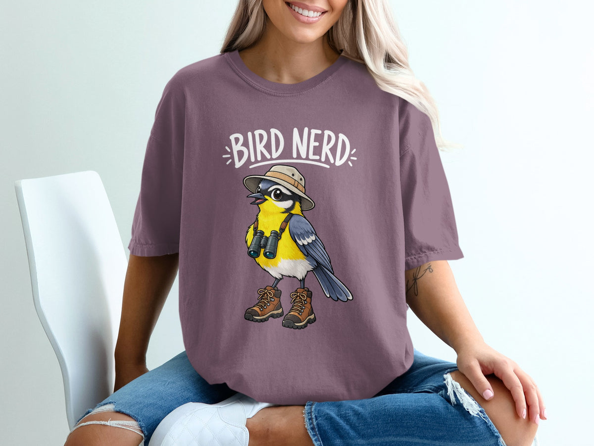Cartoon bird wearing hat, binoculars, and hiking boots with "BIRD NERD" text.