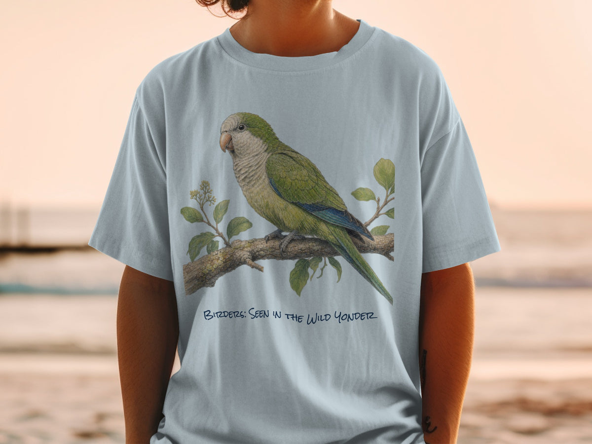 T-shirt with a green parrot on a branch and text "Birder's: Seen in the Wild Yonder".