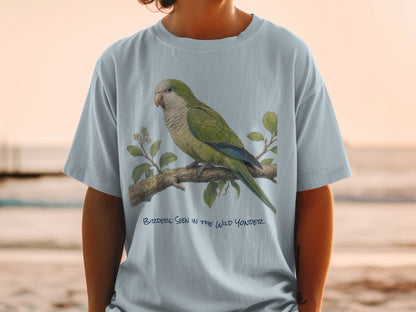 T-shirt with a green parrot on a branch and text "Birder's: Seen in the Wild Yonder".