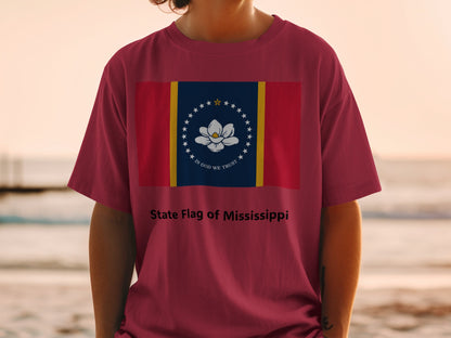 Maroon t-shirt with the Mississippi state flag and "State Flag of Mississippi" text.