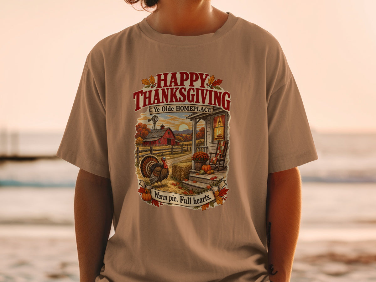 Thanksgiving graphic with turkey, farm scene, and text "Happy Thanksgiving Ye Olde Homeplace".