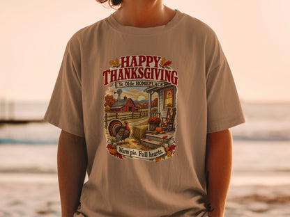 Thanksgiving graphic with turkey, farm scene, and text "Happy Thanksgiving Ye Olde Homeplace".