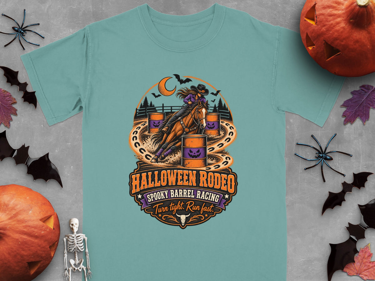 T-shirt with Halloween Rodeo graphic, spooky barrel racing, turn tight, run fast.