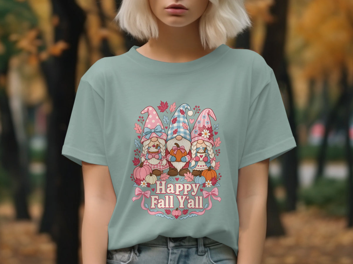 Three gnomes surround pumpkins and fall leaves with text "Happy Fall Y'all".