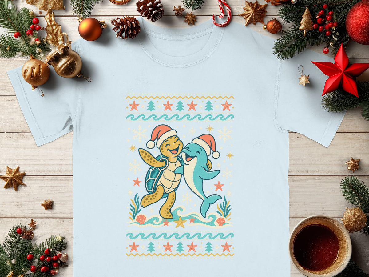 Light blue t-shirt with a cartoon turtle and dolphin wearing Santa hats.