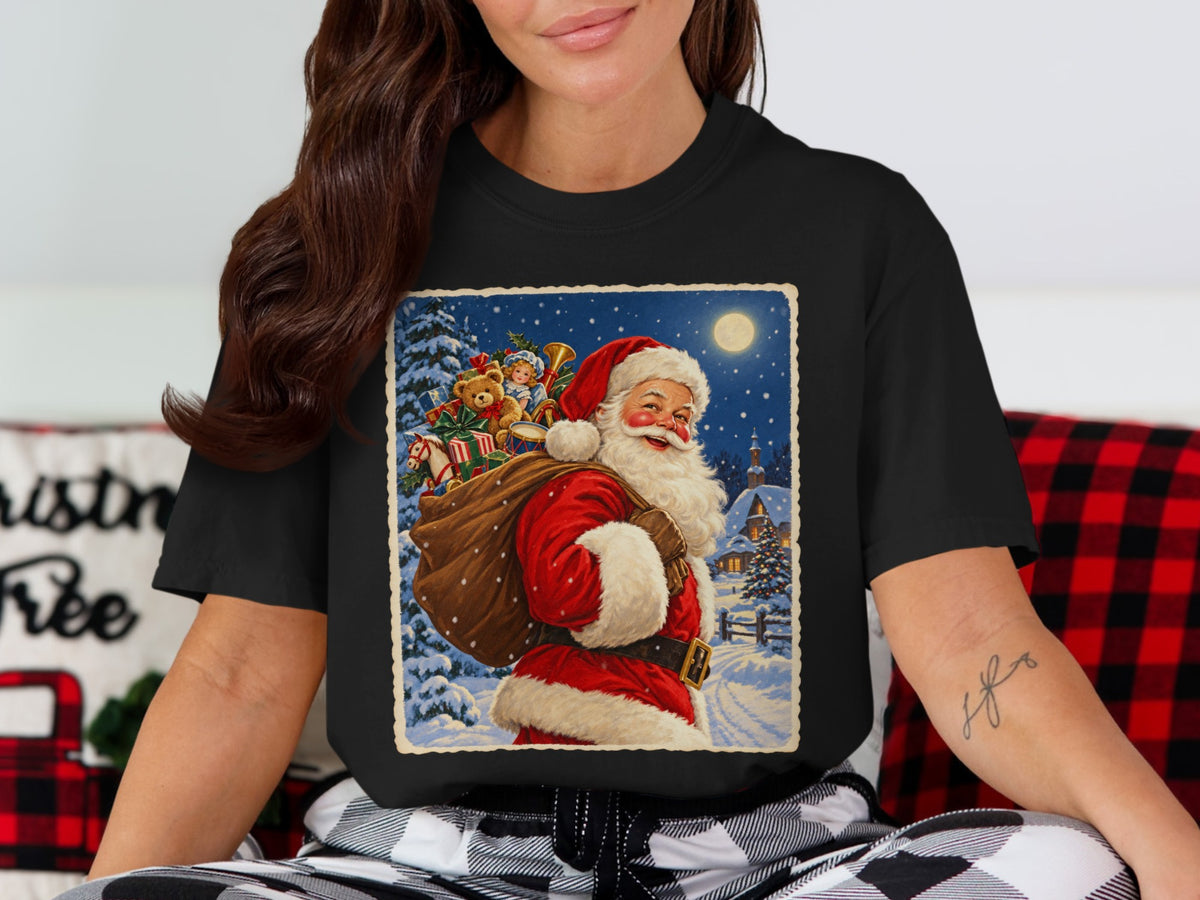 Vintage style Santa Claus with a sack of toys in a snowy village at night.