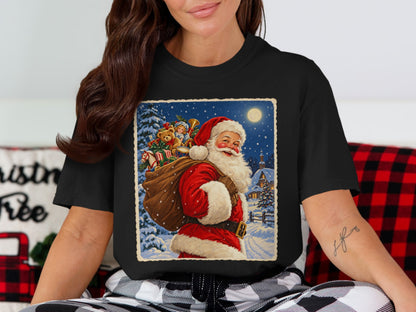 Vintage style Santa Claus with a sack of toys in a snowy village at night.
