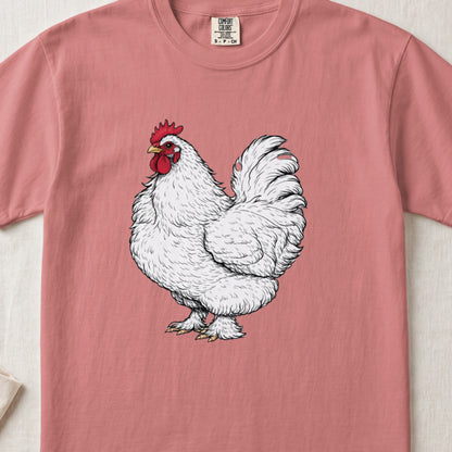 A pink crewneck t-shirt featuring an illustrated white rooster with a red comb.