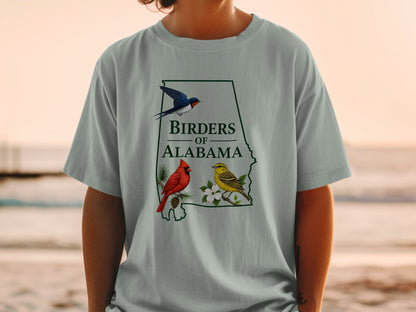 T-shirt with Alabama outline, swallow, cardinal, and yellow bird graphic.