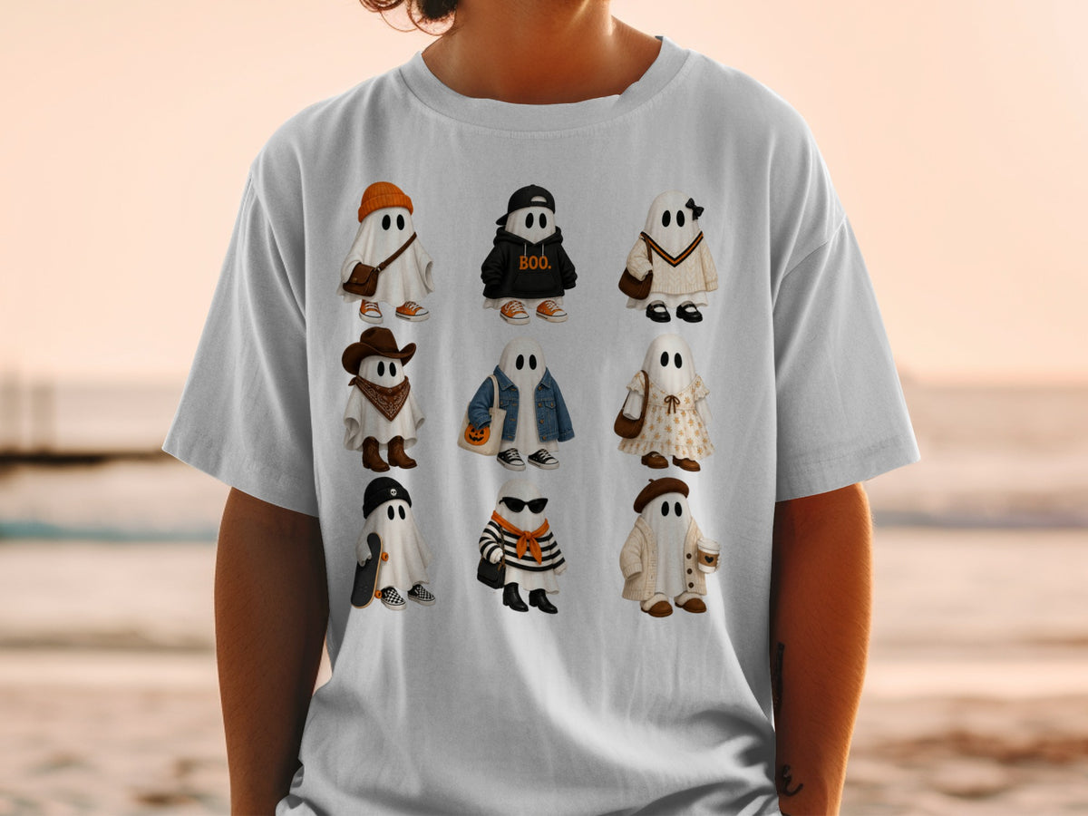 Nine cartoon ghosts in various outfits, some with text "BOO."
