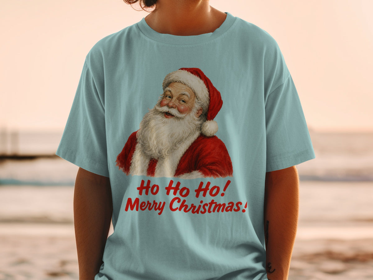 Light blue t-shirt with Santa Claus graphic and "Ho Ho Ho! Merry Christmas!" text.
