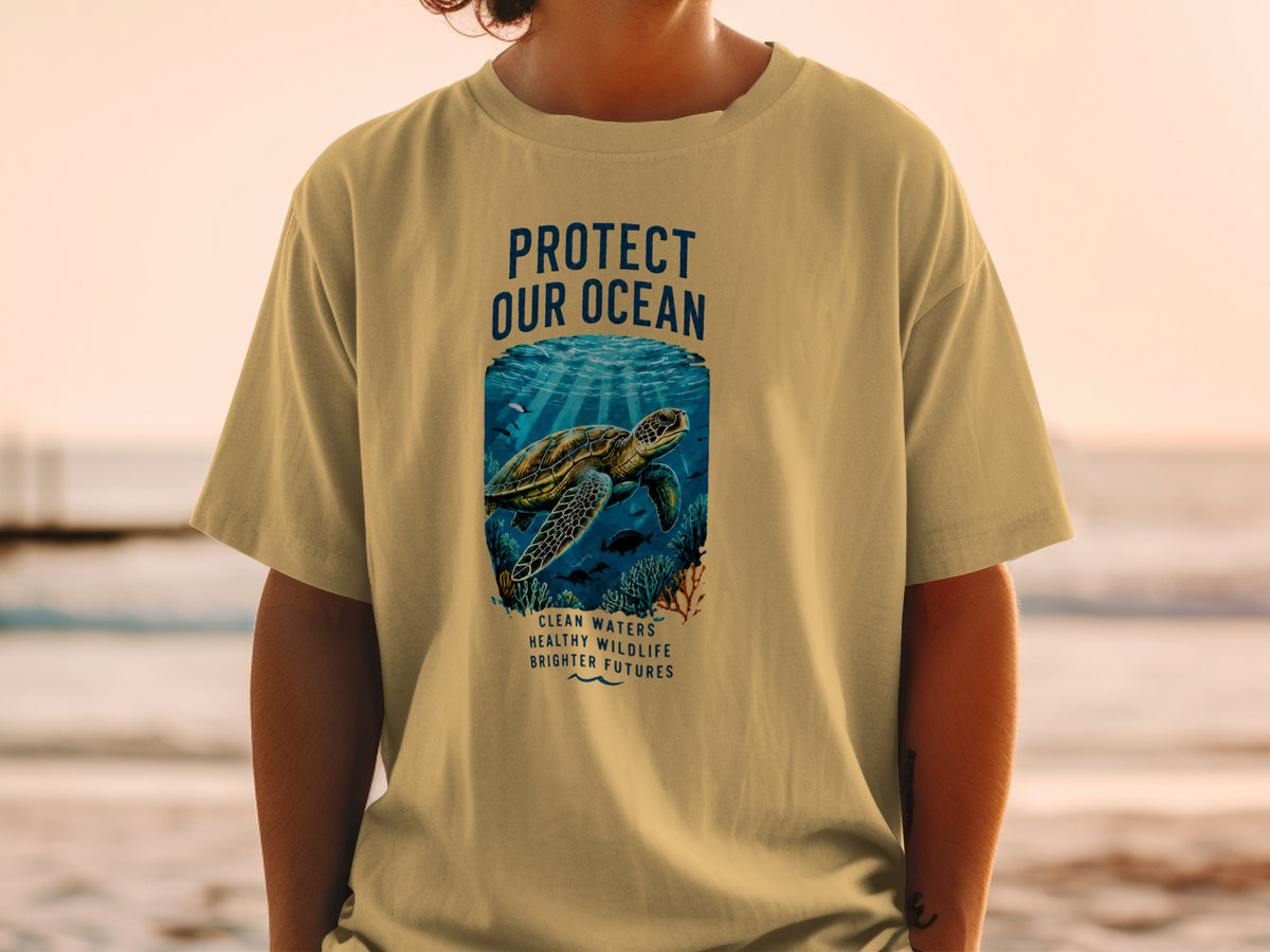 T-shirt with "PROTECT OUR OCEAN" text and sea turtle graphic.
