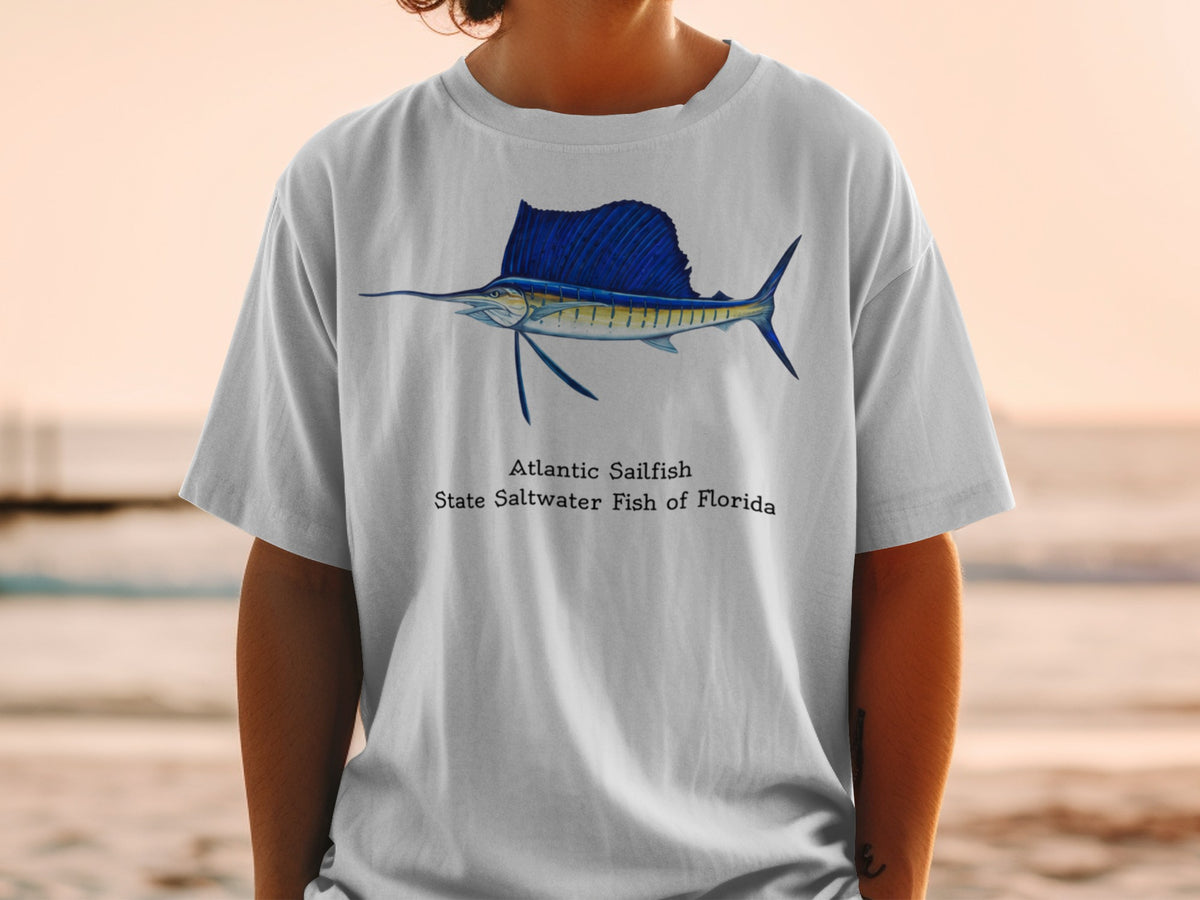 White t-shirt with illustration of Atlantic Sailfish, Florida's state saltwater fish.